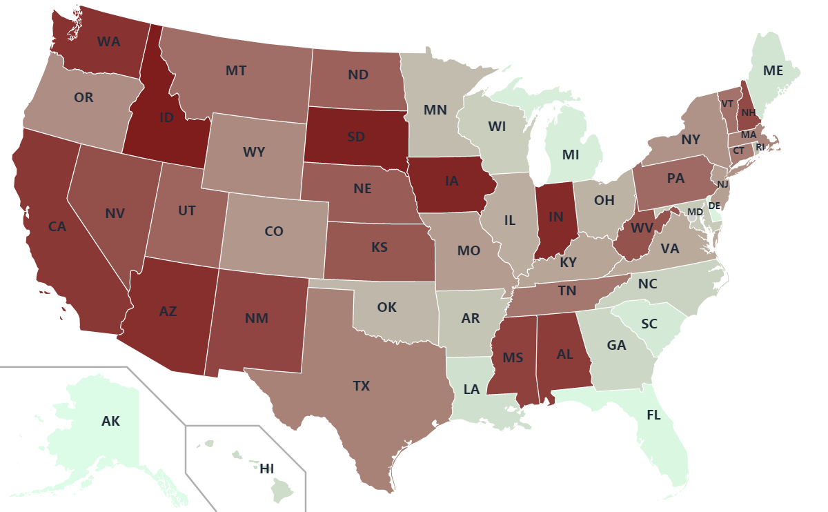 U.S. map shaded from green to red by 2024 fishing rank, from Alaska in 1st place to Idaho in 50th