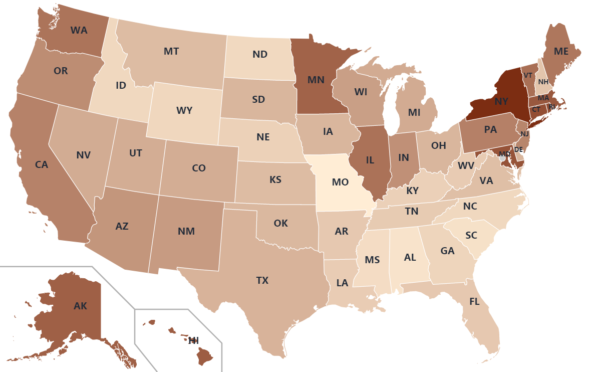 U.S. map shaded by average cigarette price per pack, from New York's $14.83 high down to Missouri's $8.01 low
