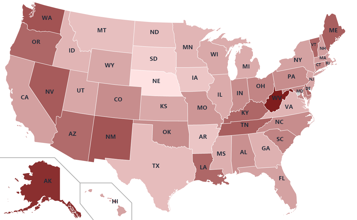 U.S. map color-coded by drug overdose death rate per 100,000 residents, darkest red for the highest rates
