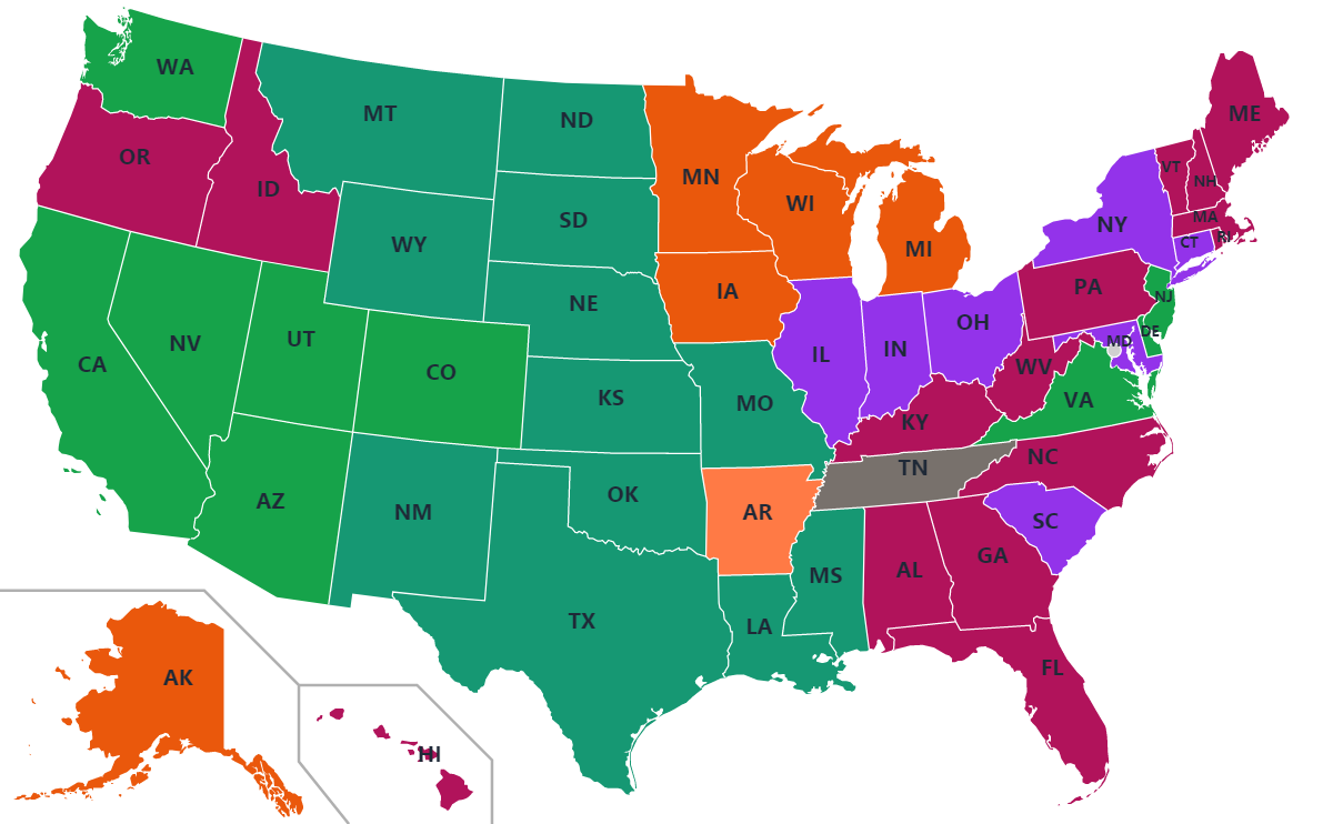 Map of the United States showing the most popular vehicle brand in each state, color-coded by brand