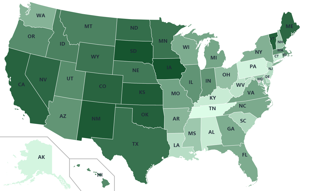 U.S. map color-coded by share of electricity generation from renewable sources, darkest green for the highest shares