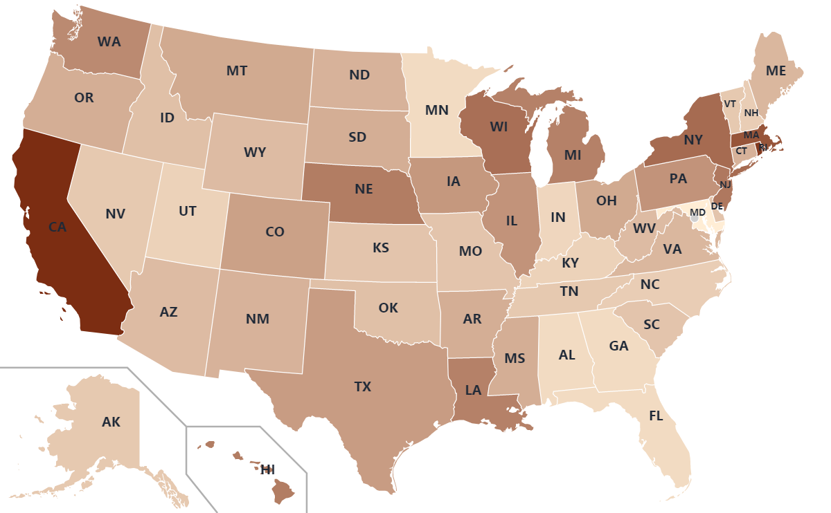 U.S. map showing the share of rough urban pavement in each state, shaded from light for smooth roads to dark orange for the roughest
