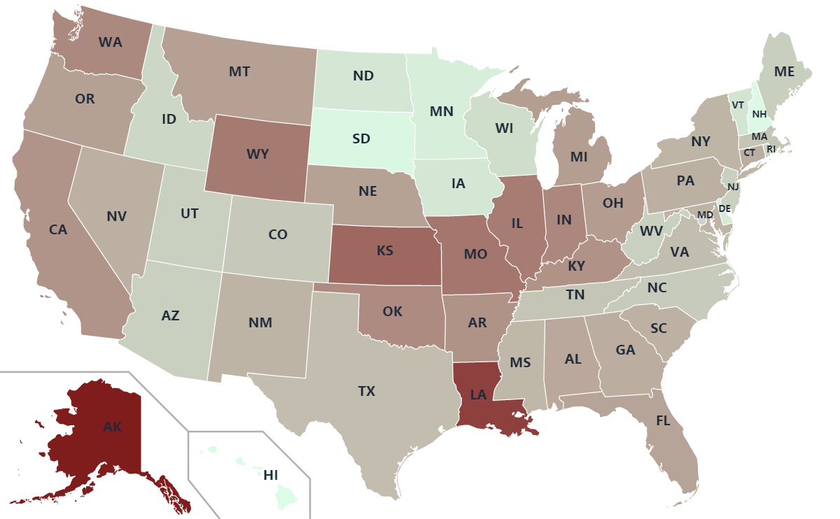 U.S. map shaded from pale green to dark red by serial killers per 100,000 residents