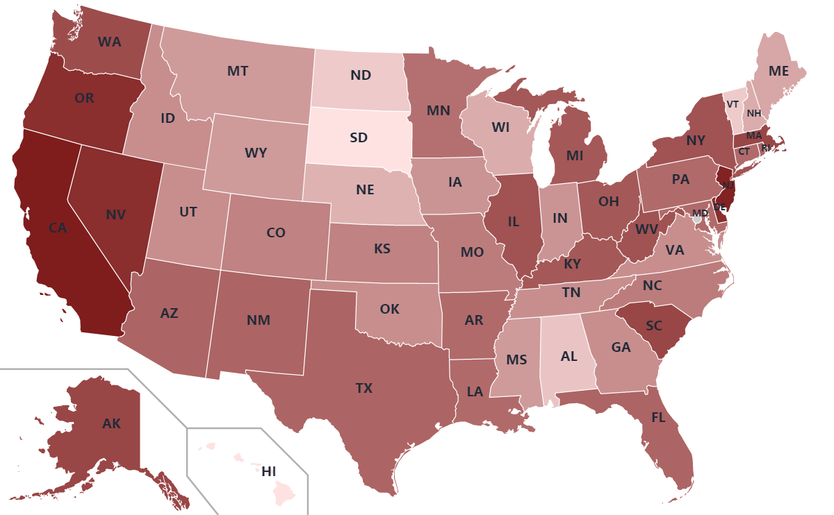 U.S. map showing unemployment rate by state, darkest red for highest unemployment