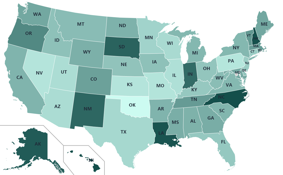 U.S. map color-coded by water quality score in each state, darkest teal for the highest scores