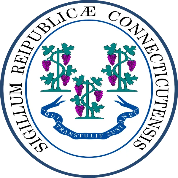 Great Seal of Connecticut with the motto Qui Transtulit Sustinet on a ribbon below the shield