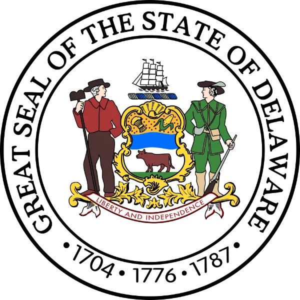 Great Seal of Delaware with Liberty and Independence motto on a banner at the bottom