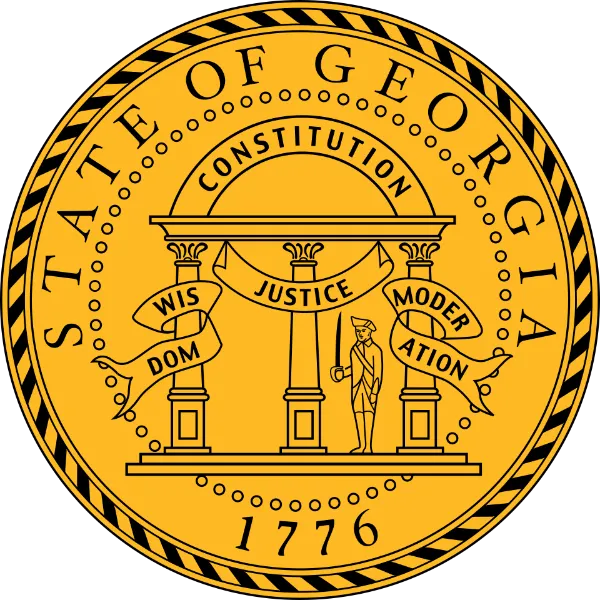 Great Seal of Georgia showing three pillars with Wisdom Justice Moderation and the Constitution arch