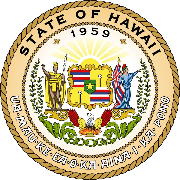 Great Seal of Hawaii showing the motto Ua Mau ke Ea o ka ʻĀina i ka Pono along the lower arc