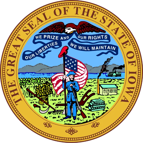 Great Seal of Iowa showing the bald eagle holding the state motto scroll above the citizen soldier