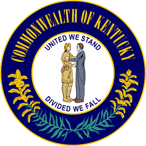 Great Seal of Kentucky showing two men shaking hands with the motto United We Stand Divided We Fall