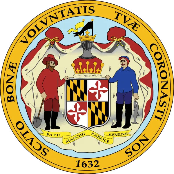 Reverse of the Great Seal of Maryland showing the Calvert and Crossland arms with the motto Fatti Maschii Parole Femine on a ribbon