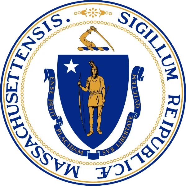 Great Seal of Massachusetts with the motto Ense Petit Placidam Sub Libertate Quietem circling the border