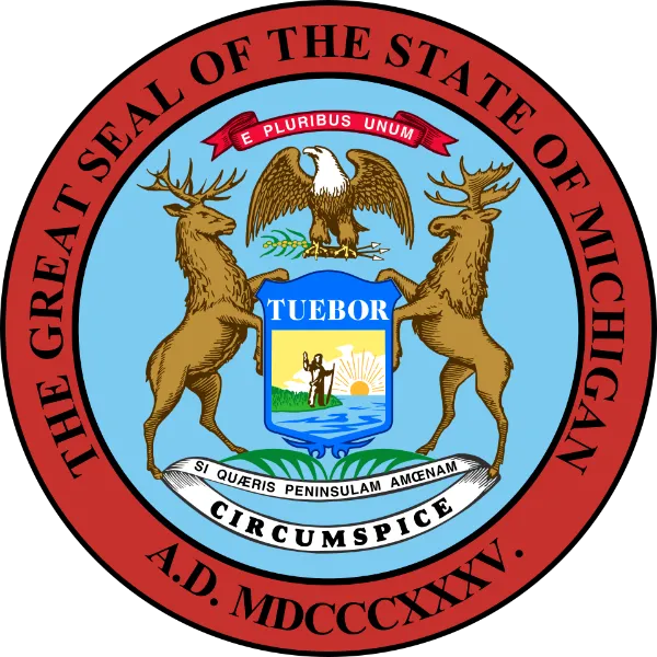 Great Seal of Michigan with the state motto Si Quaeris Peninsulam Amoenam Circumspice on a white ribbon below the shield