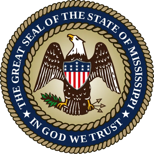 Mississippi state coat of arms with Virtute et Armis on a red scroll beneath the eagle shield
