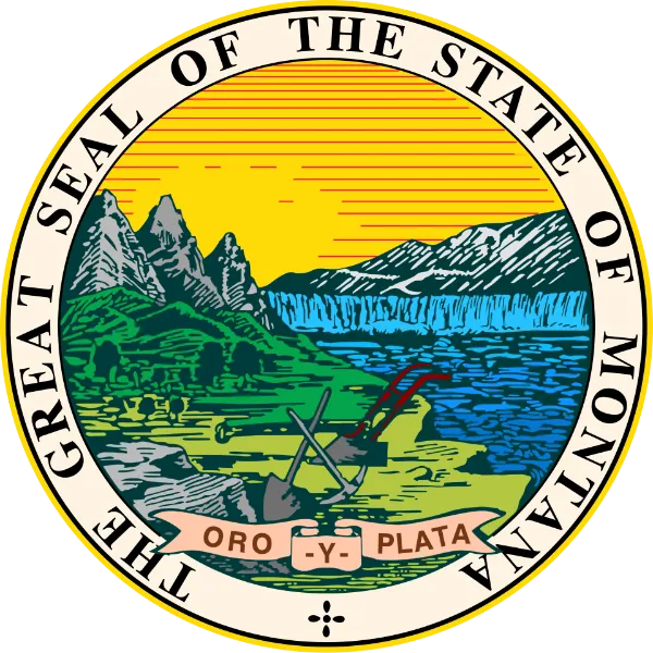 Great Seal of Montana with Oro y Plata on a ribbon at the bottom, showing a plow, mining tools, the Missouri River, and mountains