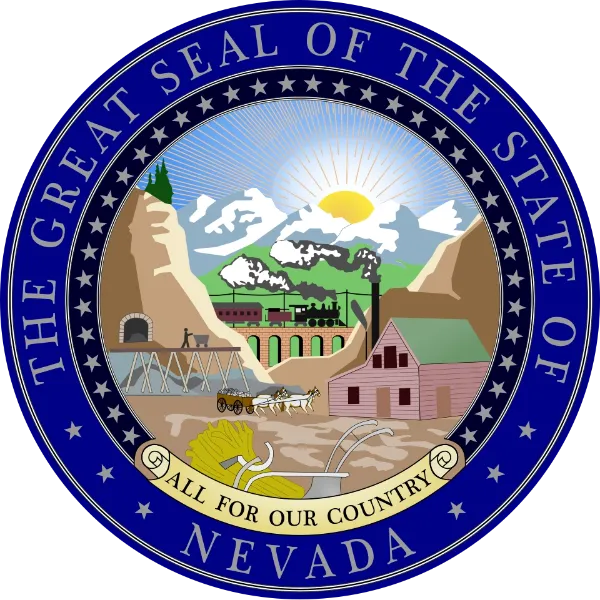 Great Seal of Nevada with the motto All for Our Country encircling the design alongside 36 stars