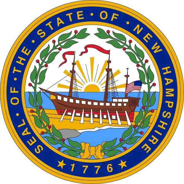 Great Seal of New Hampshire featuring the frigate Raleigh, granite rocks, and rising sun