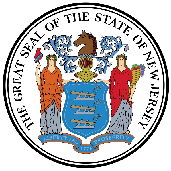 Great Seal of New Jersey showing Liberty and Ceres flanking a shield with three plows, with the motto Liberty and Prosperity on a scroll below