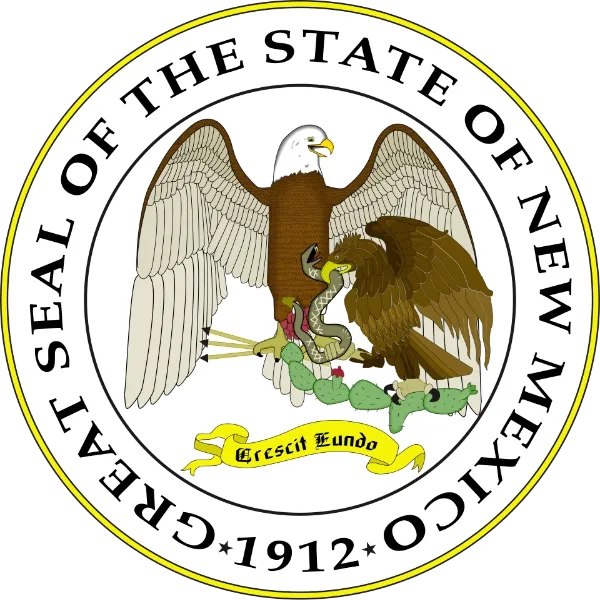 Great Seal of New Mexico showing an American eagle over a Mexican eagle, with the motto Crescit Eundo on a scroll below