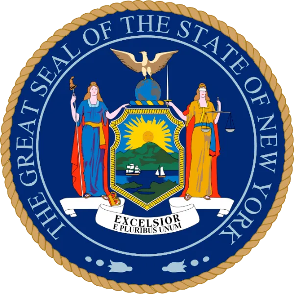 Great Seal of the State of New York featuring Liberty, Justice, a shield with the Hudson River, and the motto Excelsior