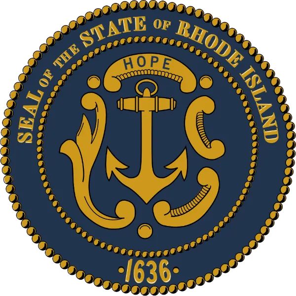Great Seal of Rhode Island showing a gold anchor and the motto Hope