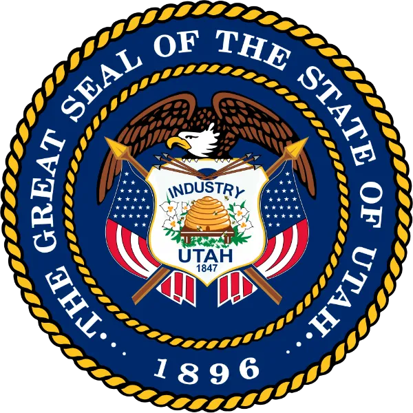 Great Seal of Utah showing a beehive at center with the word Industry below it