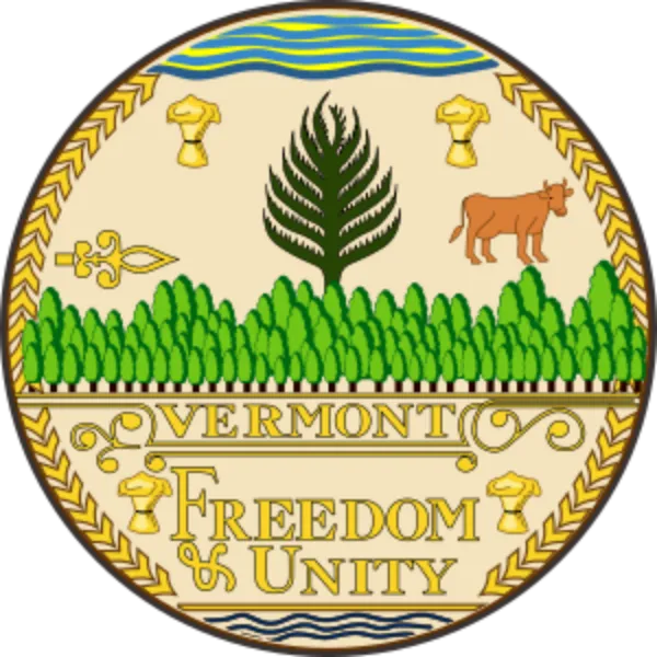 Great Seal of Vermont showing a pine tree and Green Mountains with the motto Freedom and Unity at the bottom
