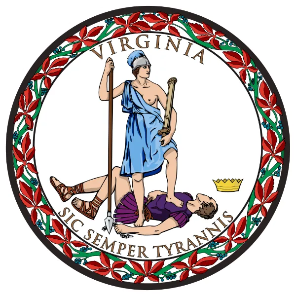 Great Seal of Virginia showing Virtus standing over a prostrate tyrant with Sic Semper Tyrannis at the bottom