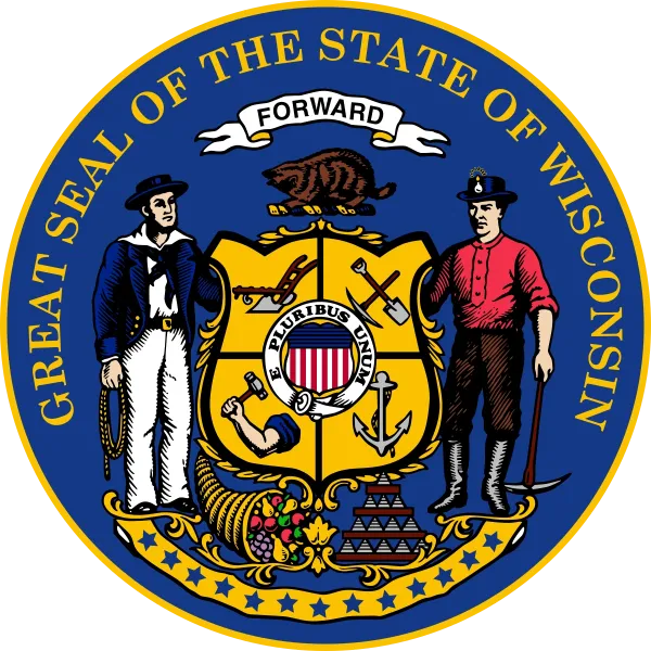 Great Seal of the State of Wisconsin showing the Forward motto above the badger