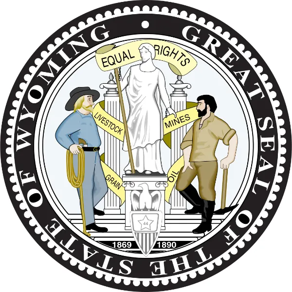 Great Seal of the State of Wyoming showing a female figure holding an Equal Rights banner